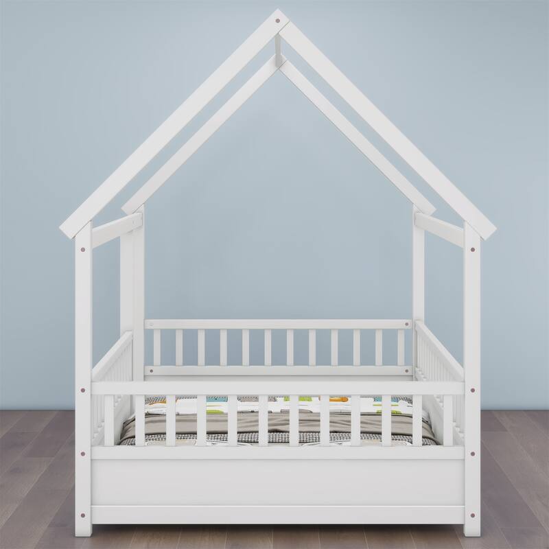 Full Size Floor Wooden Bed with House Roof Frame, Fence and Guardrails