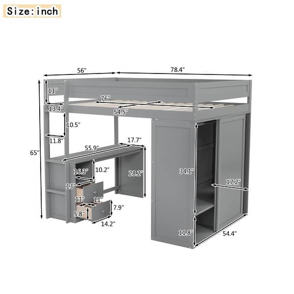 Gray Full Loft Bed w/ Storage Wardrobe & Built-in Desk w/ 2 Drawers, Wood Multi-Functional Loft Bed Frame for Kids Teens Adults
