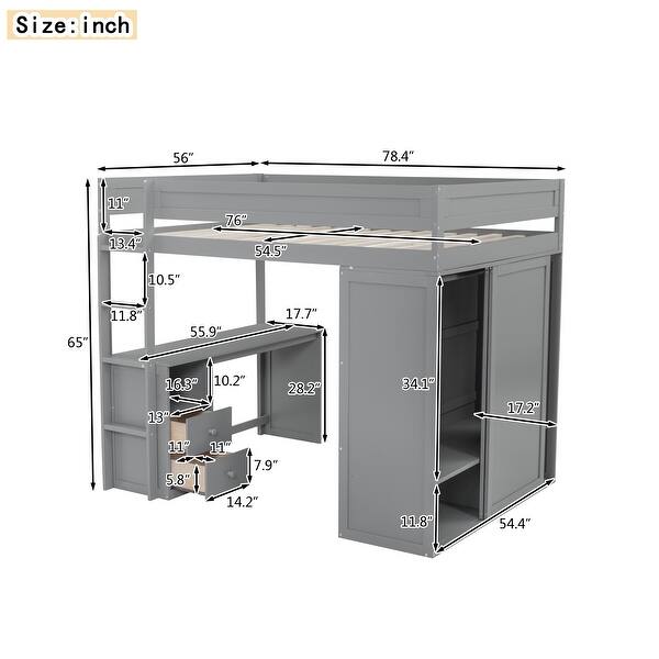 Modern Concise Style Full Size Loft Bed with Workstation,Drawers and Wardrobes Beneath,Wood Bed with Safety Guardrail