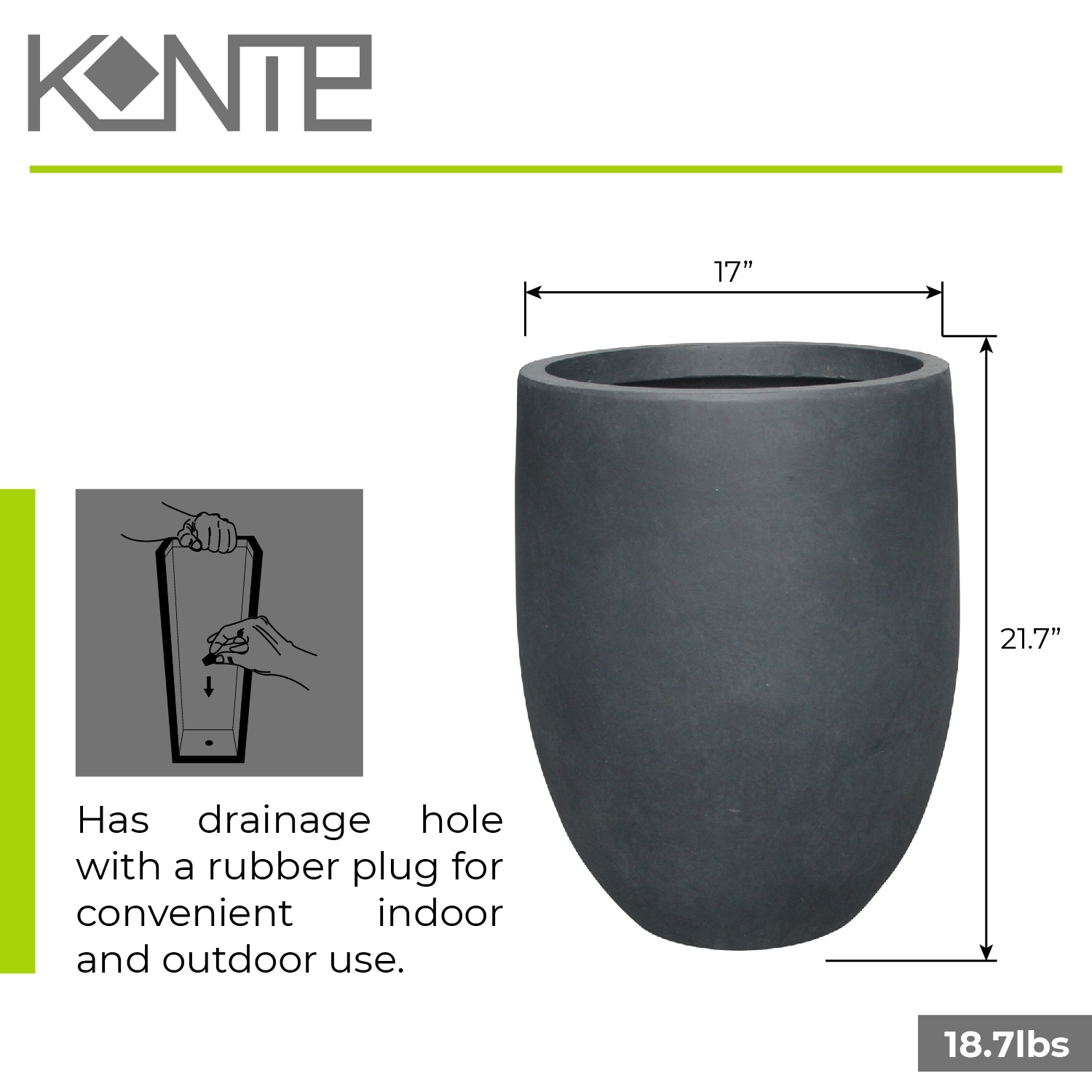 Kante 21.7H Natural Concrete Tall Planter, Large Outdoor Indoor Decorative Pot w/Drainage Hole and Rubber Plug, Modern Round