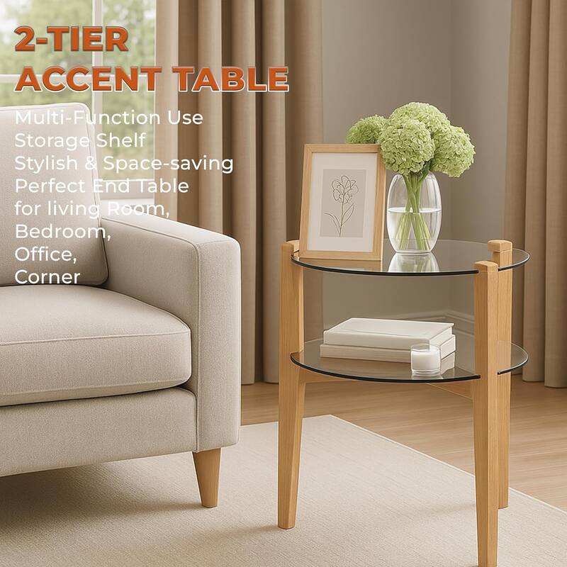 24 Inches 2-tier Glass Round End Table with Shelf and Wooden Legs