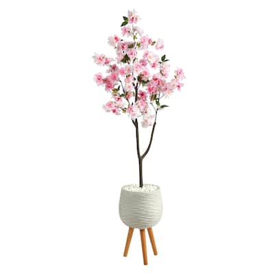 63" Cherry Blossom Artificial Tree in White Planter with Stand - 19"