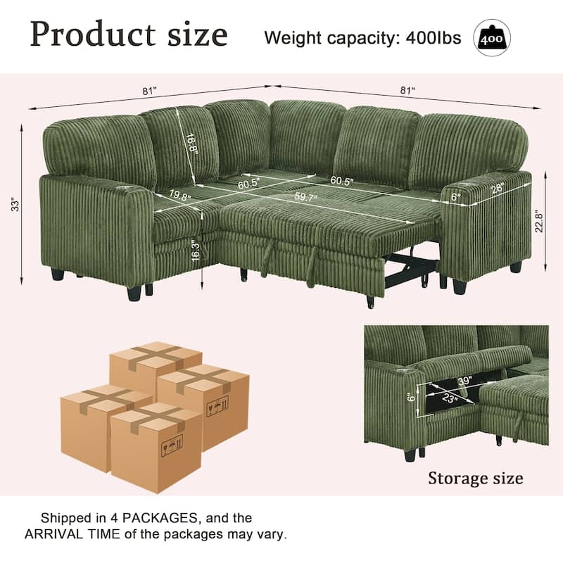 GDFStudio - Modern 5-Seat Sectional L-Shaped Sofa with Pull-Out Sleeper Bed, Storage, Cup Holder & USB Charging - 81"W