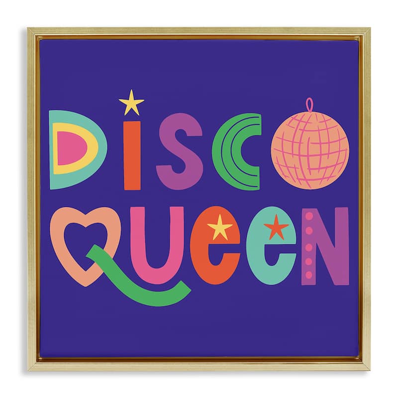 Stupell Disco Queen with Retro Letters Framed Floater Canvas Wall Art Design By Sazerelli Designs - 18 x 18 - Gold