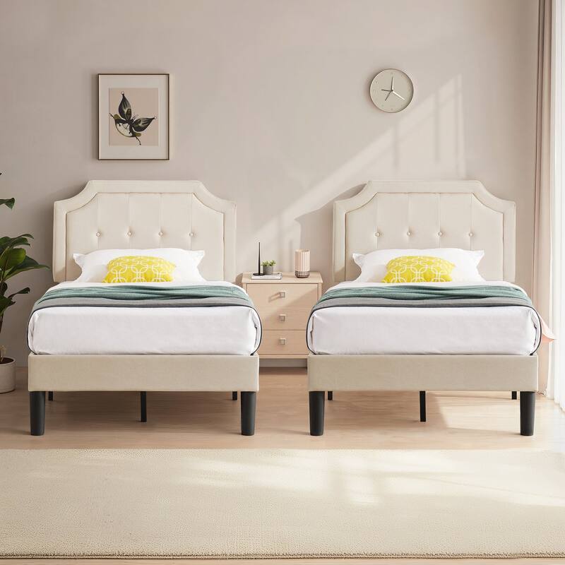 VECELO Upholstered Platform Kids Bed with Adjustable Headboard,Twin Size Bed Set of 2 - Beige