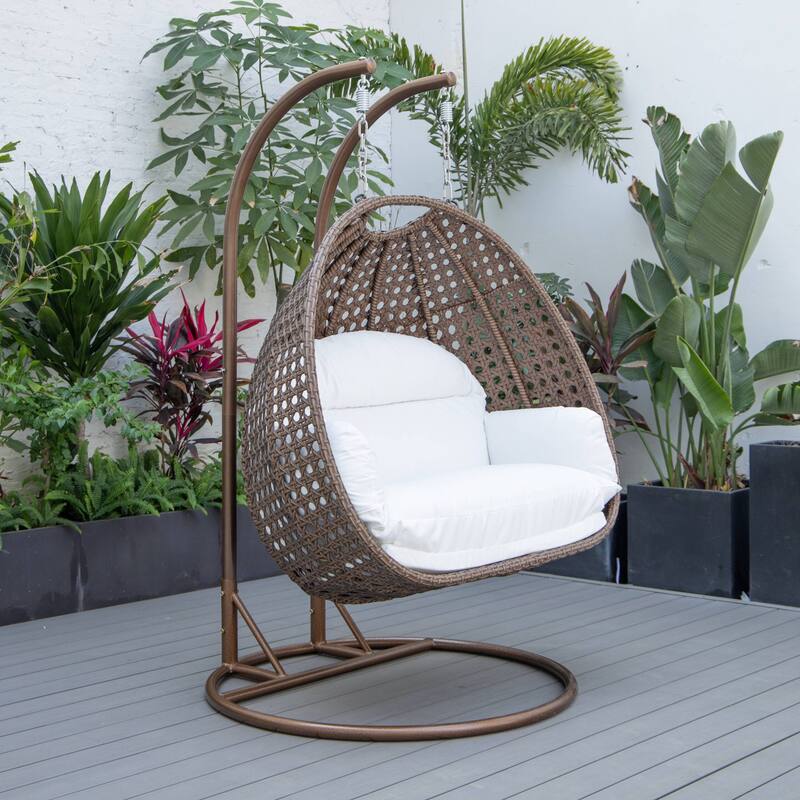 LeisureMod Mendoza Dark Brown 2 Seater Wicker Patio Hanging Double Swing Chair for Patio Porch Backyard Garden - 53"