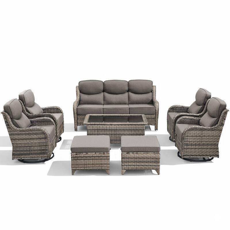 Arcadia 8-Piece Wicker Patio Conversation Set with Swivel Gliders and 6-Inch Thick Olefin Cushions
