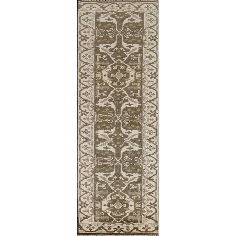 Green Oushak Oriental Runner Rug Hand-Knotted Transitional Wool Carpet - 2'6"x 9'8"