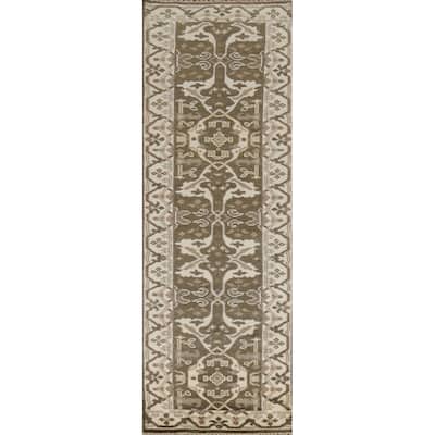 Green Oushak Oriental Runner Rug Hand-Knotted Transitional Wool Carpet - 2'6"x 9'8"