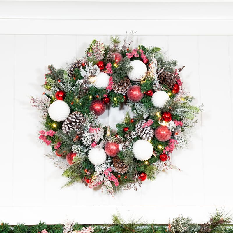 30 in. Lighted Christmas Wreath - Frosted Wonderland - Red