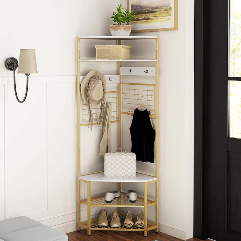 Gymax 5-Tier Corner Hall Tree w/ Shoe Storage Bench 12 Metal Hooks for