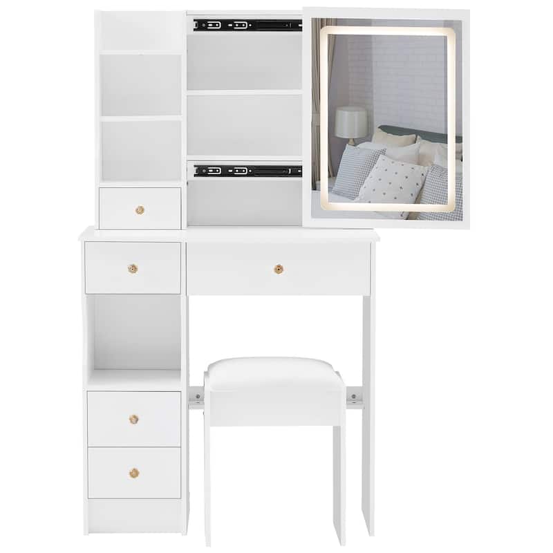 29.2" Small Size Left Drawer Desktop Vanity Table + Cushioned Stool, Large Sliding, Touch Control, Tri-color Switching - White