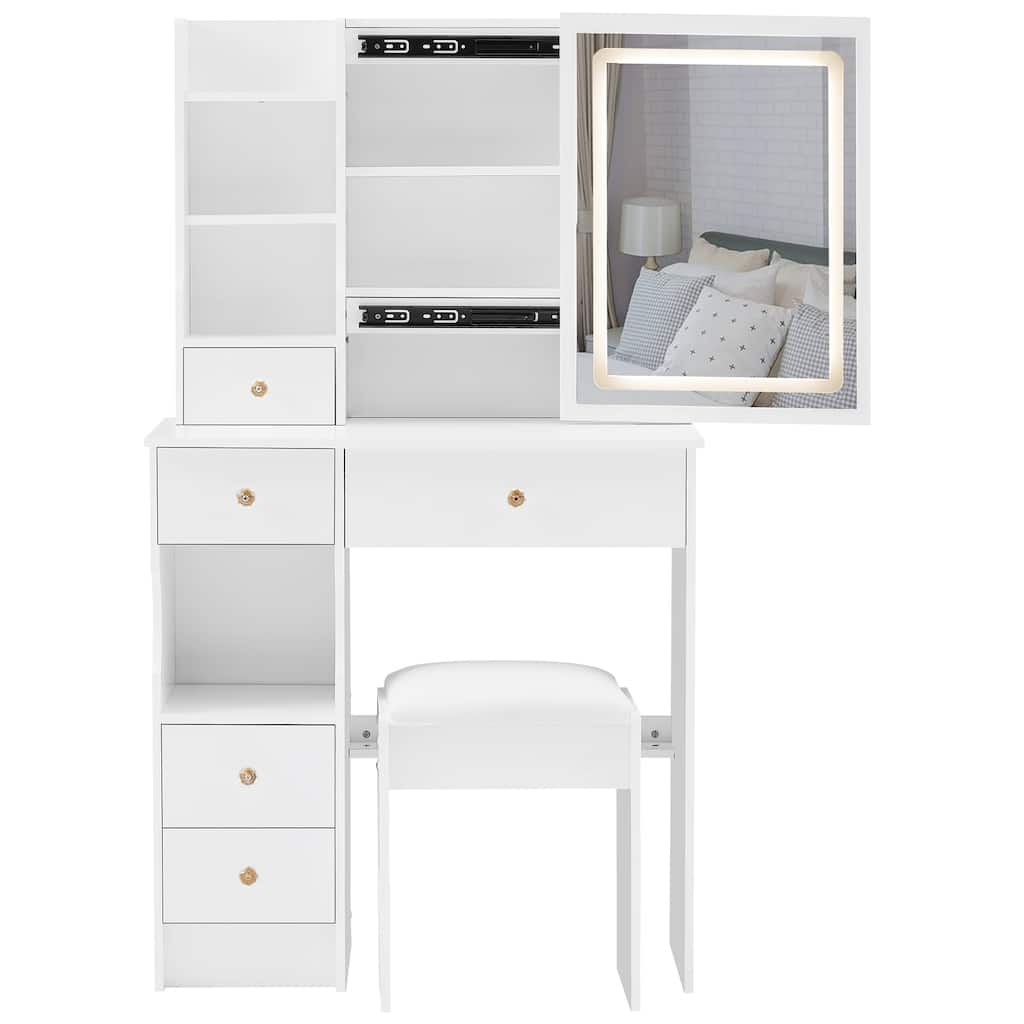 29.2" Small Size Left Drawer Desktop Vanity Table + Cushioned Stool, Large Sliding, Touch Control, Tri-color Switching