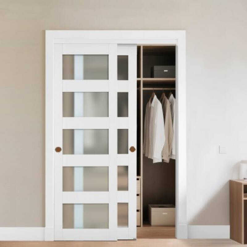 White Wood MDF Sliding Closet Doors with Frosted Glass Panels