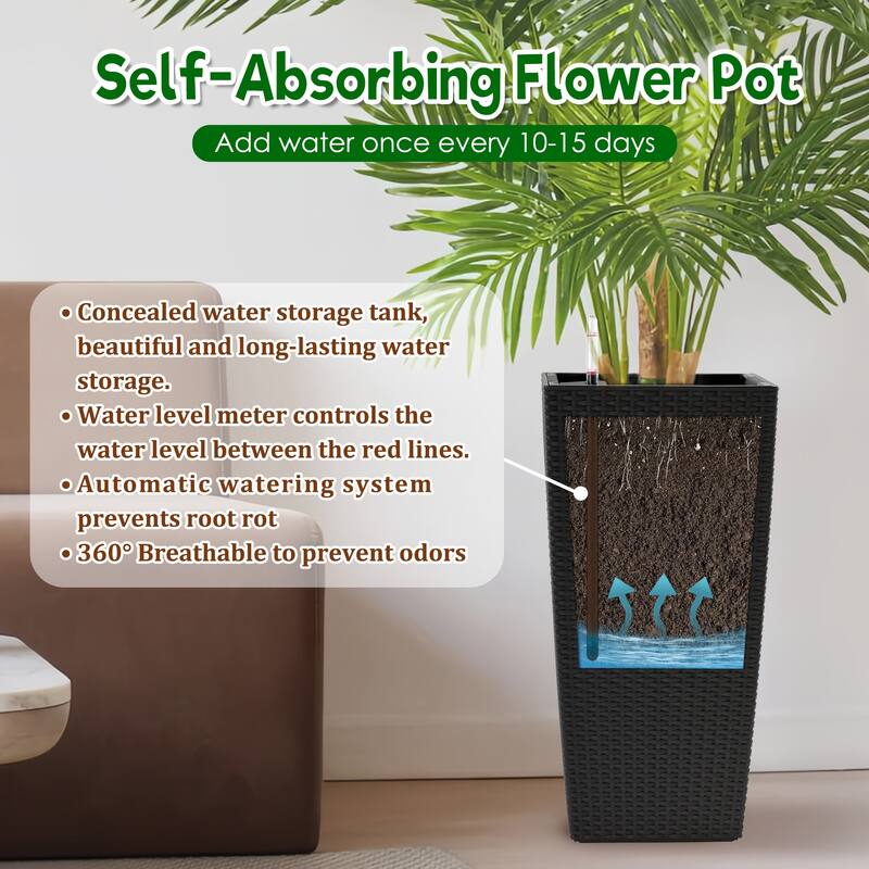 Square Planter for Indoor or Outdoor Use,22-Inch High Faux Rattan Design Flower Pot with Automatic Watering System