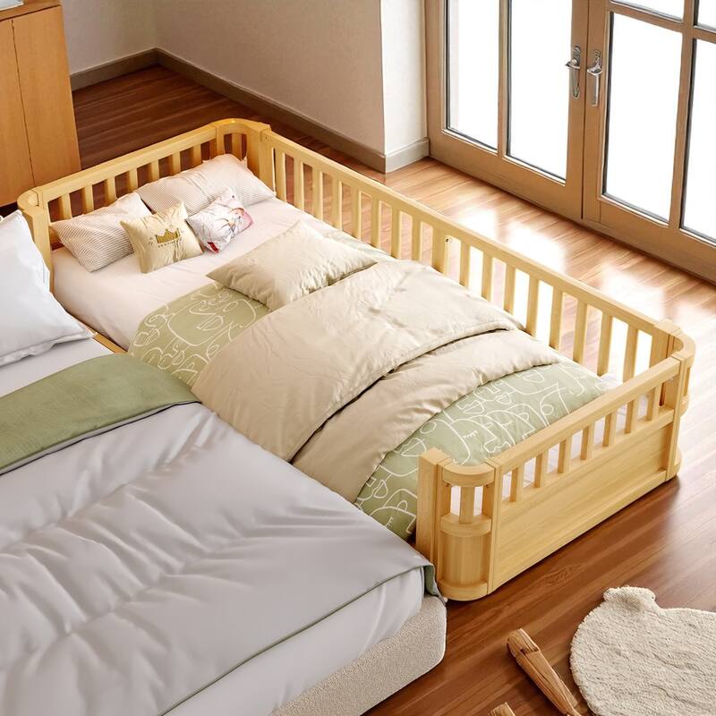 Wood Platform Bed with Guardrails & Detachable Fence, Twin/Full/Twin XL/Queen Size Kids Bed, Safety Design, No Box Spring