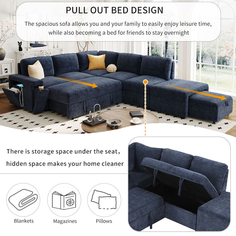 Convertible Sleeper Sectional Sofa with Pull-Out Bed & Storage, L-Shape Modular Sofa with Ottoman, USB Ports & Cup Holders