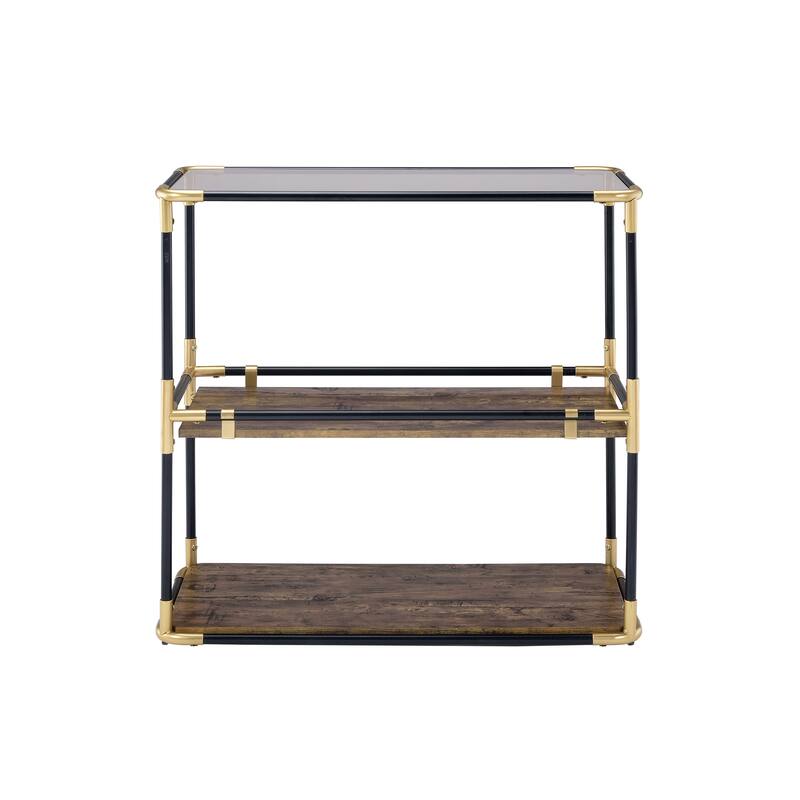 Rechange Glass Top Console Table Metal Tubular Framing and Wooden Shelves, Black and Brown