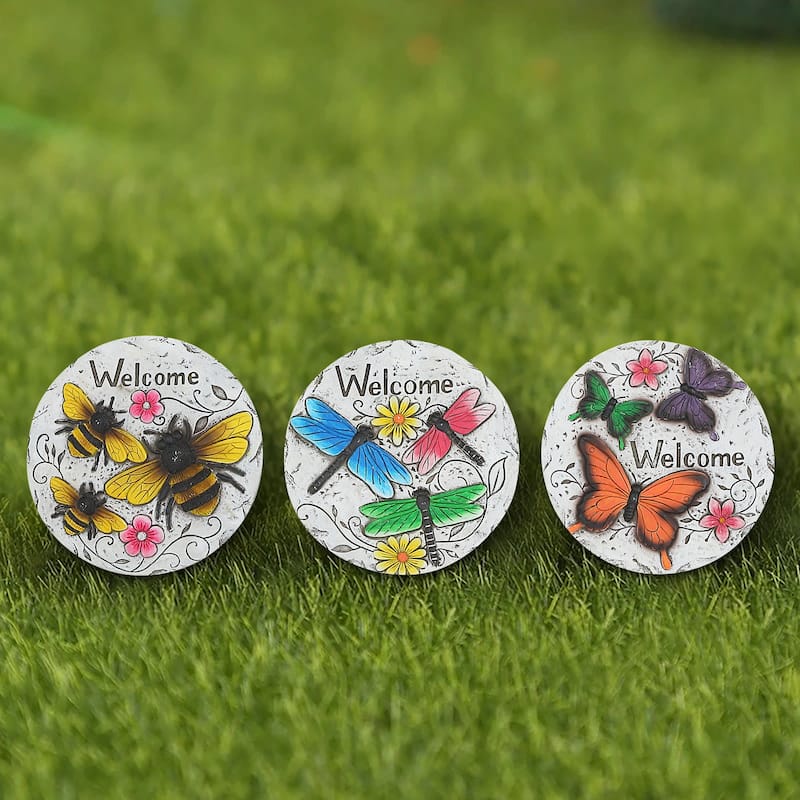 IH Casa Decor Round Garden Stepping Stones Insects Welcome Asstd - Set of 3 - Multi-Color