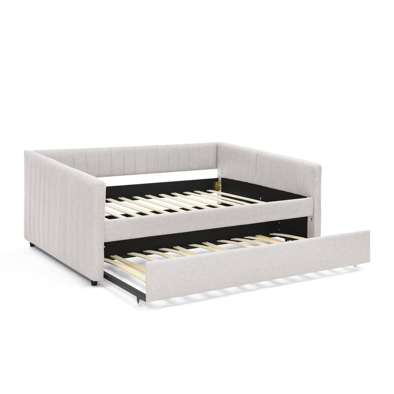 Twin/Full Size Daybed with Trundle, Upholstered Sofa Bed with Vertical Stripes, Linen Fabric, Comfortable Seating for Bedroom