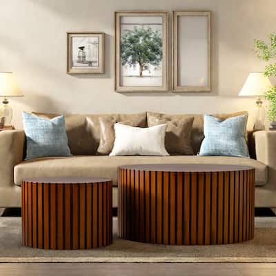 47.25" MDF Handcrafted Round Wood Coffee Table with Relief Detailing