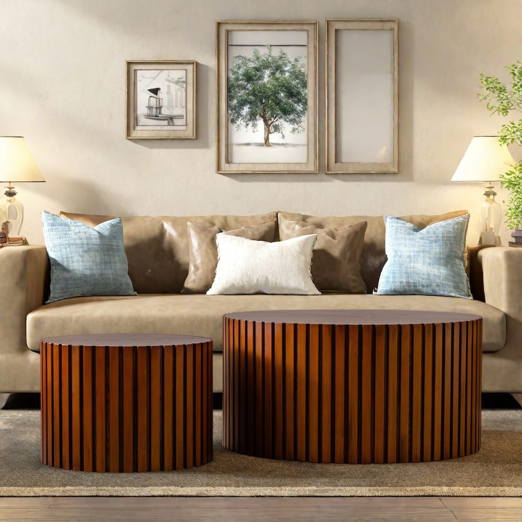 47.25" MDF Handcrafted Round Wood Coffee Table with Relief Detailing