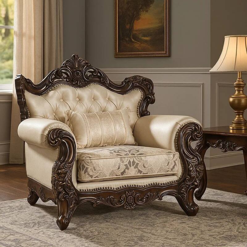 Puhi Accent Armchair w Lumbar Pillow, Beige Fabric, Ornate Carved Wood