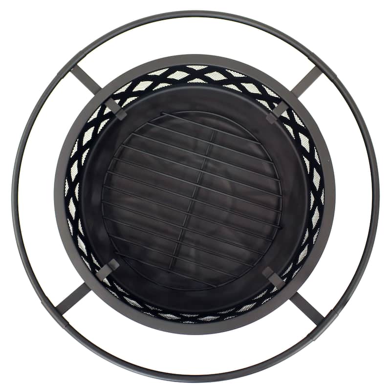 Black Crossweave Wood Fire Pit with Cover, Spark Screen, Grate, and Poker - 30"