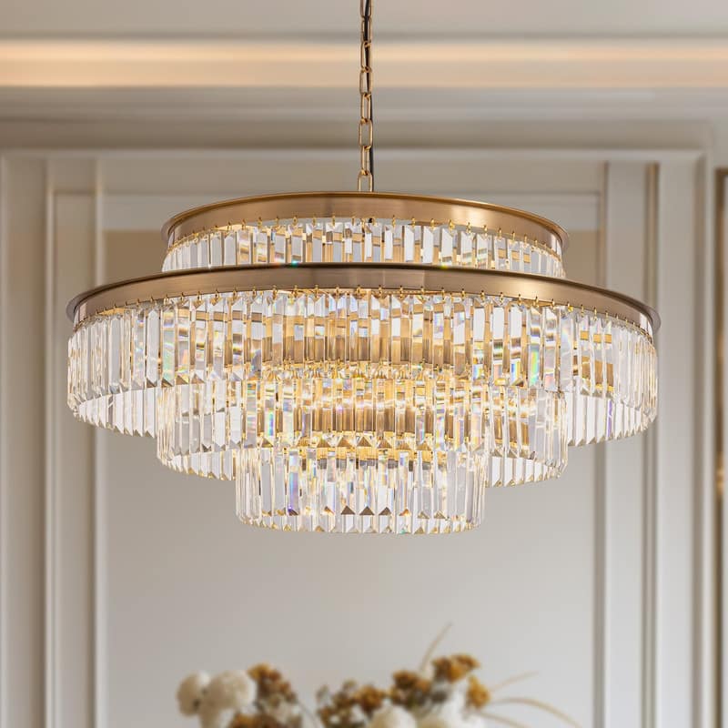 32 in. Drum Modern Crystal Chandelier 4-Tier Gold Brass Kitchen Island Pendant Light for Dining Room