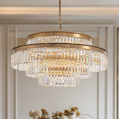 32 in. Drum Modern Crystal Chandelier 4-Tier Gold Brass Kitchen Island Pendant Light for Dining Room
