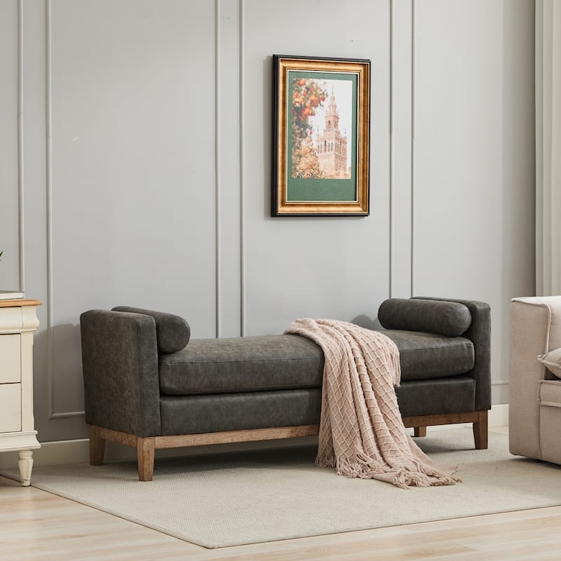 66.34"W Upholstered Bench, End of Bed Bench Ottoman with Wood Legs & 2 Bolster Pillows for Bedroom, Entryway