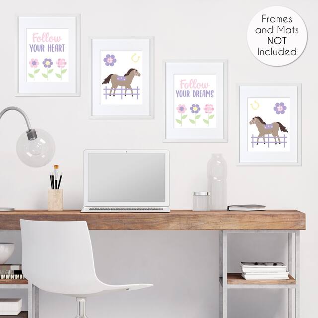 Pony Floral Collection Wall Decor Art Prints (Set of 4) - Purple, Pink, Yellow and Green Flower Farm Horse Plaid