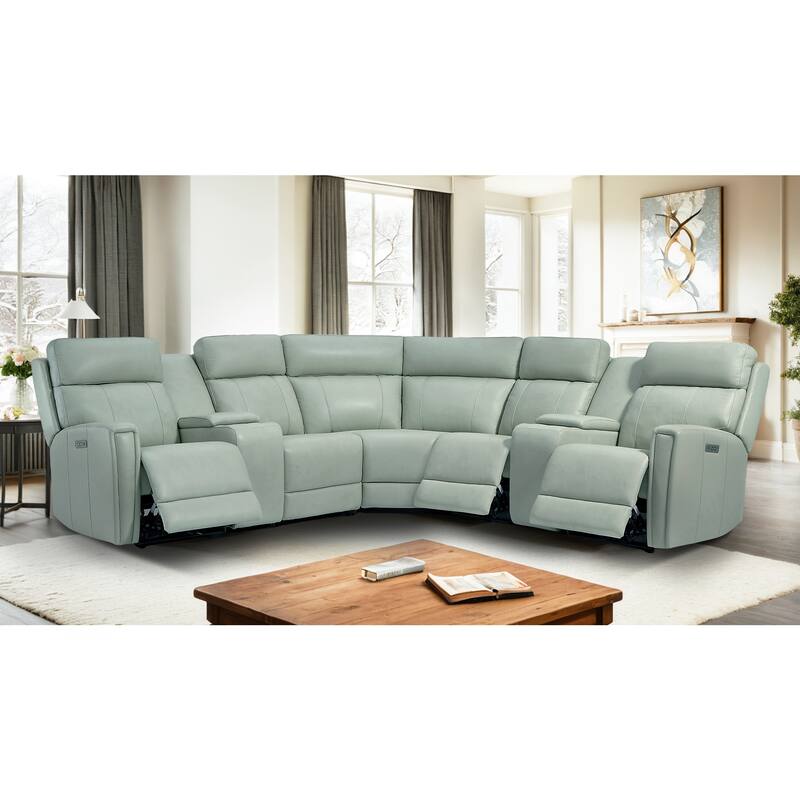 7PCS, 3 Power Recliners, Leather Reclining Sectional with Power Headrest & Lumbar, USB Port & USB-C Port - Green