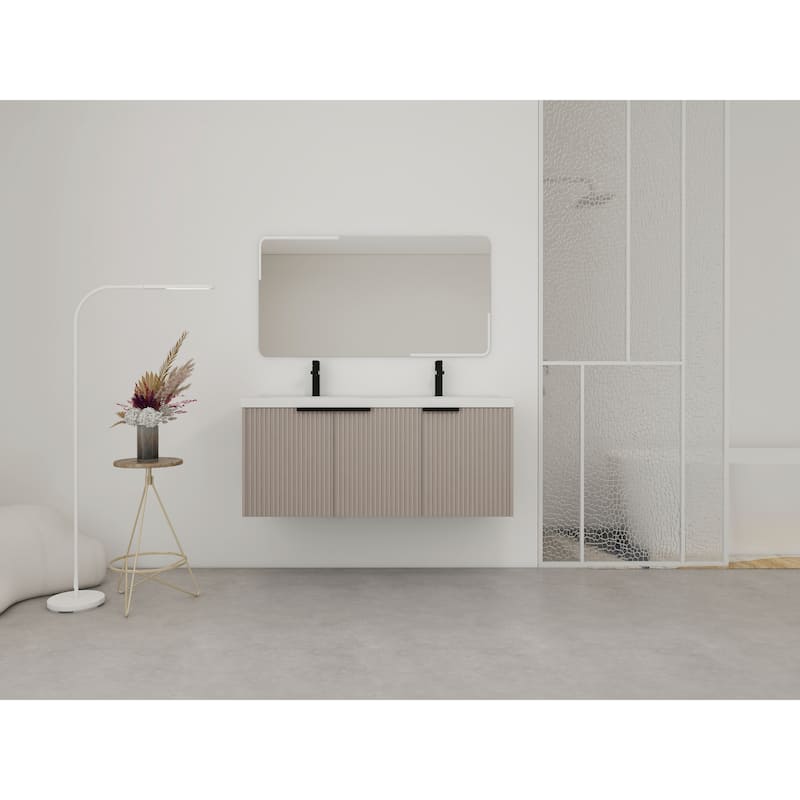 48"Wall Mounted Bathroom Vanity with Resin Double Sink & 3 Soft-Close Doors, KD-Packing