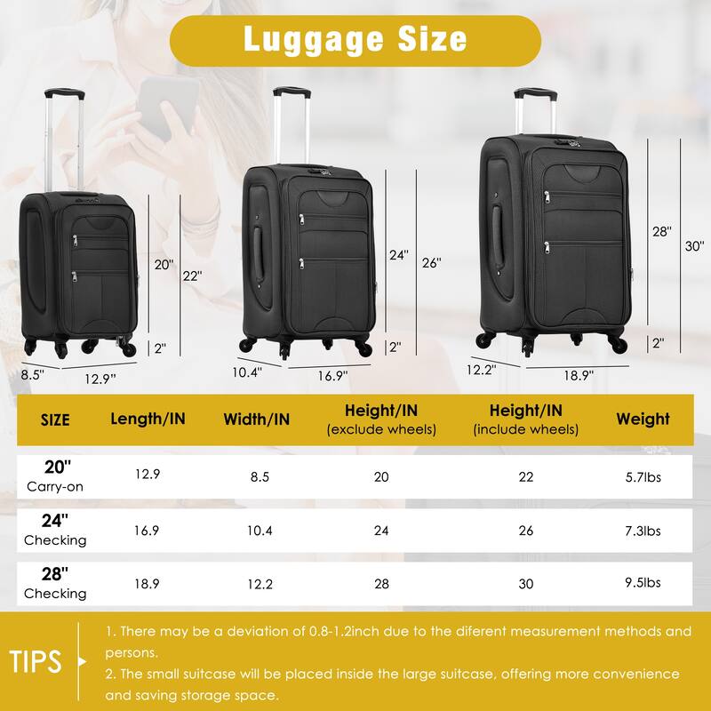 3 Piece ABS Softside Expandable Upright Spinner Luggage with TSA Lock and Duffel Bag