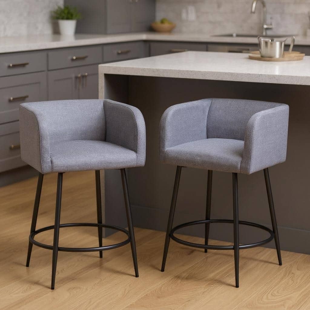 HomeRoots Set of Two 27" Gray and Black Fabric and Steel Counter Height Bar Chairs