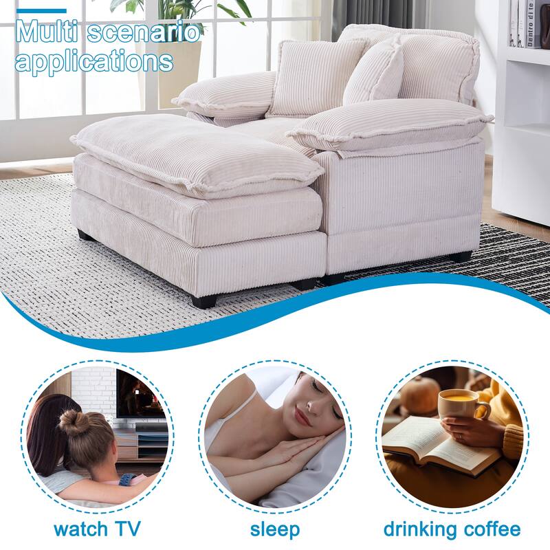 Corduroy Single Sofa Sets with Ottoman and 2 Toss Pillows, Deep Seat Design