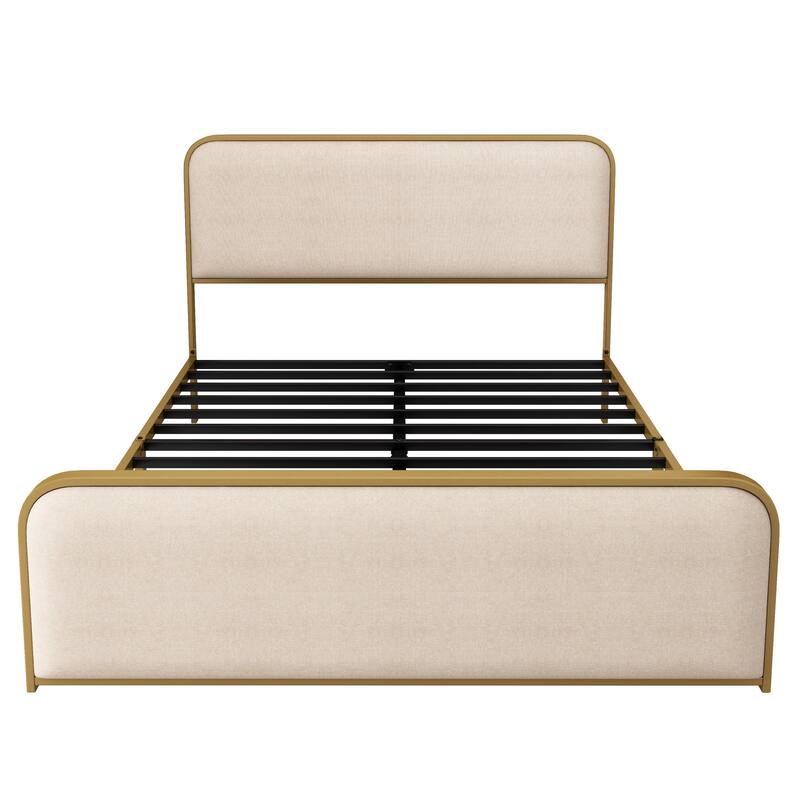 Roomfitters Queen Size Modern Upholstered Platform Bed Frame with Gold Metal Trim, Curved Headboard, No Box Spring, Beige+Gold