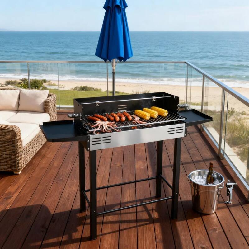 GDFStudio - Stainless Steel 2-in-1 Charcoal Rotisserie Grill with Shelves