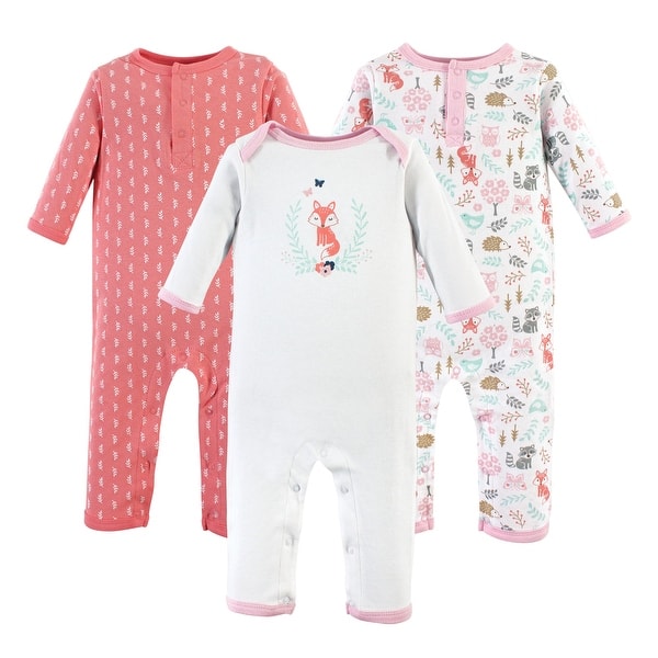 slide 1 of 1, Hudson Baby Infant Girl Cotton Coveralls 3pk, Woodland Fox 0 - 3 Months - Pink