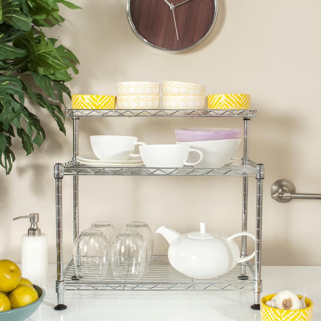 SAFAVIEH Home Collection Marcel Chrome Wire Mini Rack 3-Shelf Storage for Kitchen, Garden, Garage - 18Wx18Dx18H