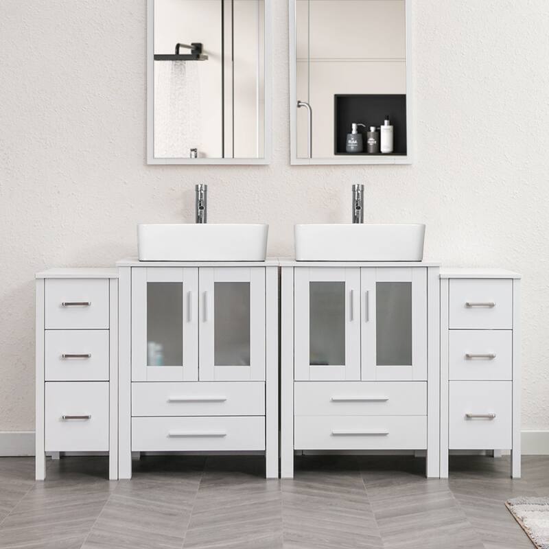 72" Bathroom Vanity Set Glass Ceramic Vessel Sink Side Cabinet Combo