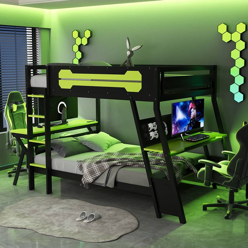 E-sports Inspired Bunk Bed with 2 Built-In Gaming Desks, USB Desktop Ports and Pegboard Organizer, Bunk Frame for Teens Gamer - Green - Full