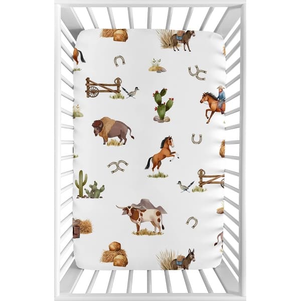 slide 2 of 6, Sweet Jojo Designs Western Cowboy Boy Fitted Mini Portable Crib Sheet Wild West Southern Country South Horse Cow Farm Animal Tan
