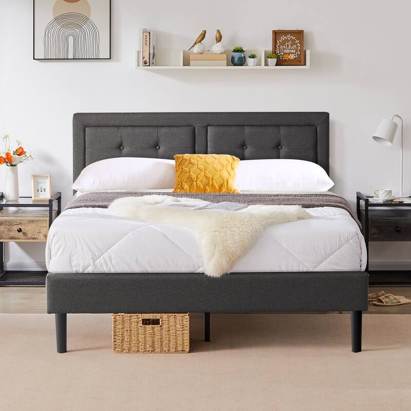 Strong Frame and Wooden Slats Support Bedframe，Platform Bed Frame with Linen Upholstered Headboard,Grey Bed Frames