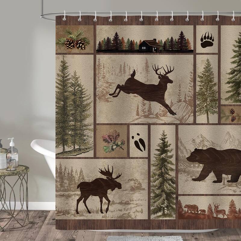 Rustic Cabin Shower Curtain, Vintage Bear Deer Forest, 72x72 Inch