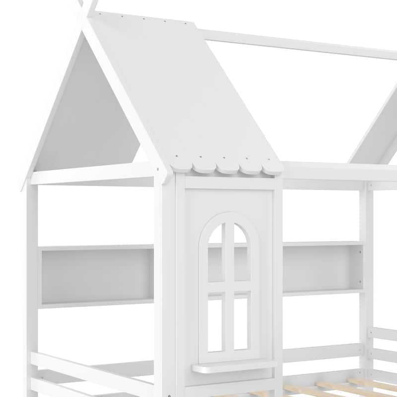 Charming House Bed for Girls, Boys Low Platform Bed Frame with Under-bed Drawers, Storage Shelves, Window and Roof