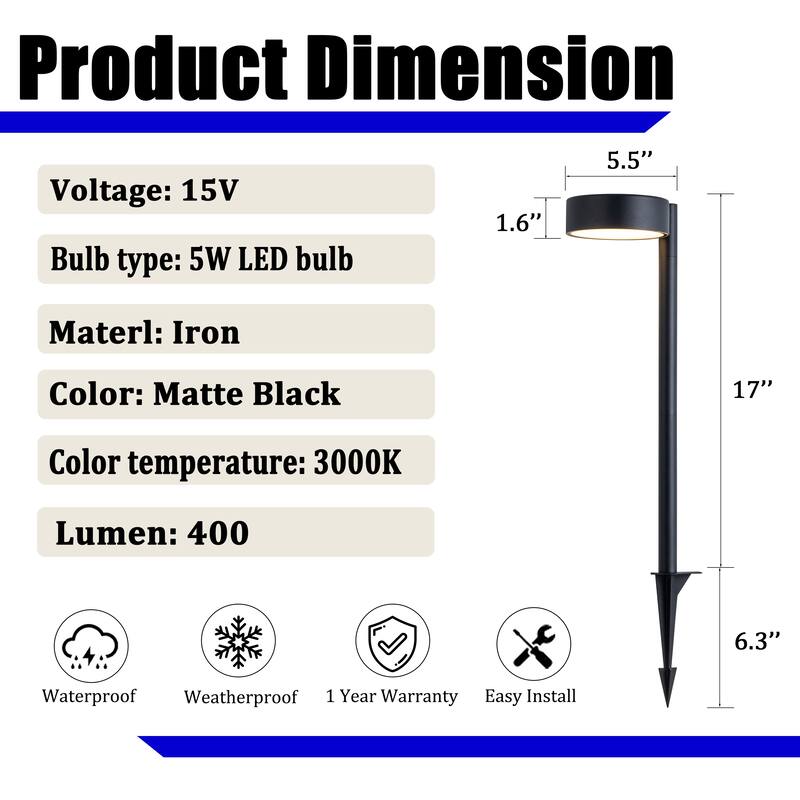 Low Voltage LED Landscape Path Light, 12V Outdoor Metal Pathway Light, Warm White Walkway & Garden Lighting (6 Pack) - W5''