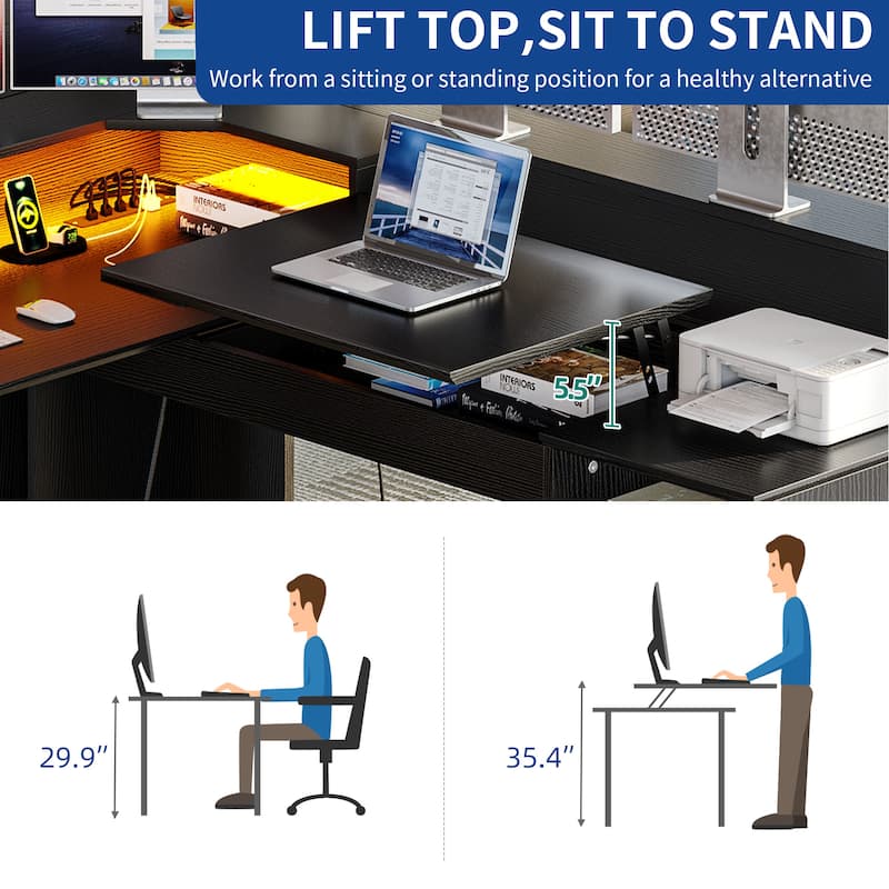 Moasis 59" L Shaped Desk Corner LED Computer Gaming Desk with File Cabinet and Lift Table Top