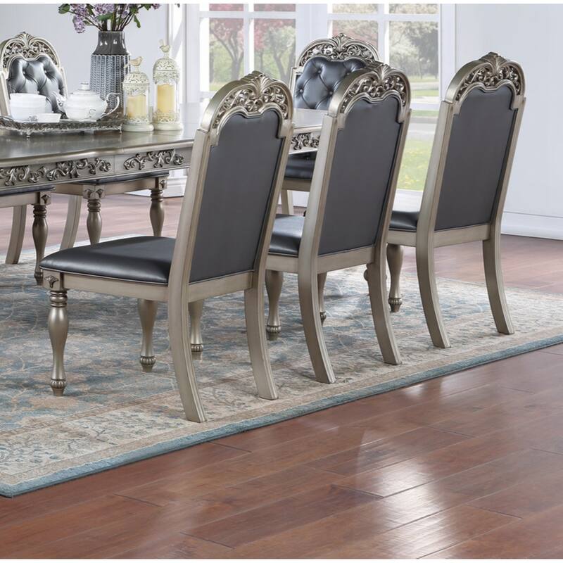 Set of 2 Side Chairs Grey / Silver Finish Rubberwood Dining Room Furniture Intricate Design Cushion Upholstered Seat Tufted Back